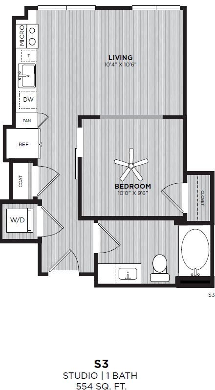 Floor plan for studio, 1 bath, 554 sqft